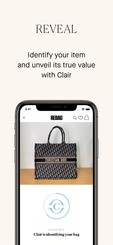 The Rebag app interface showing the Clair AI tool identifying a Christian Dior tote bag to reveal its resale value