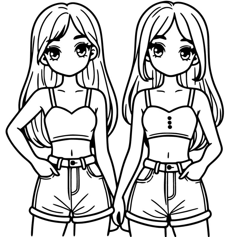 two sisters with crop tops and jean shorts and straight hair
