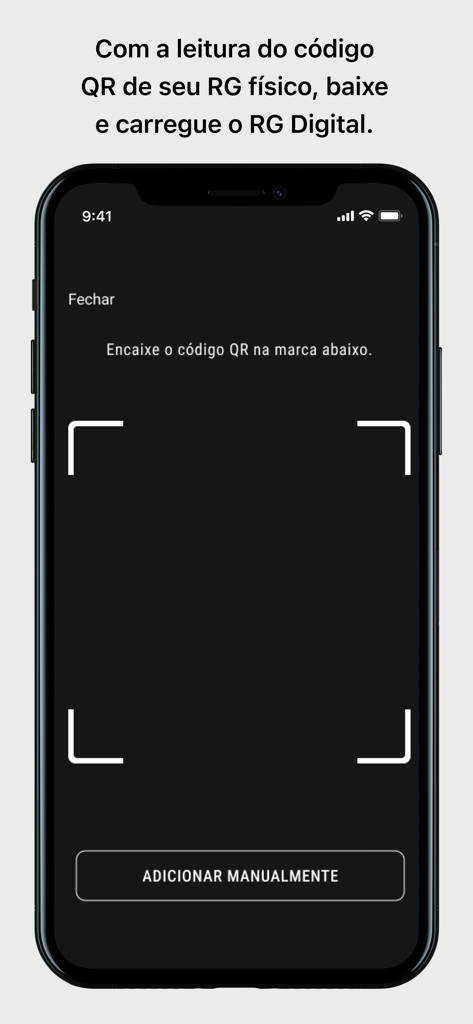 Interface de scanner de code QR pour numériser une carte d'identité physique dans l'application RG Digital MG
