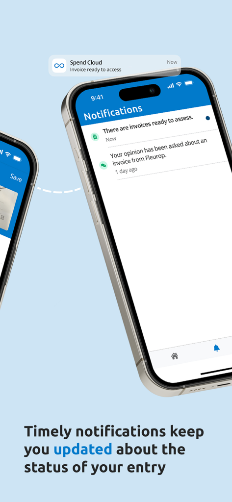 Smartphone screen of the Spend Cloud app showing real-time notifications for invoice approvals and status updates