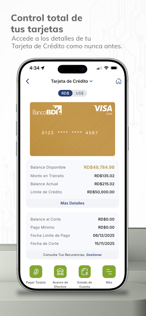 BDI APP - Interfaz de la aplicación móvil Banco BDI mostrando el saldo de la tarjeta de crédito e información de pago