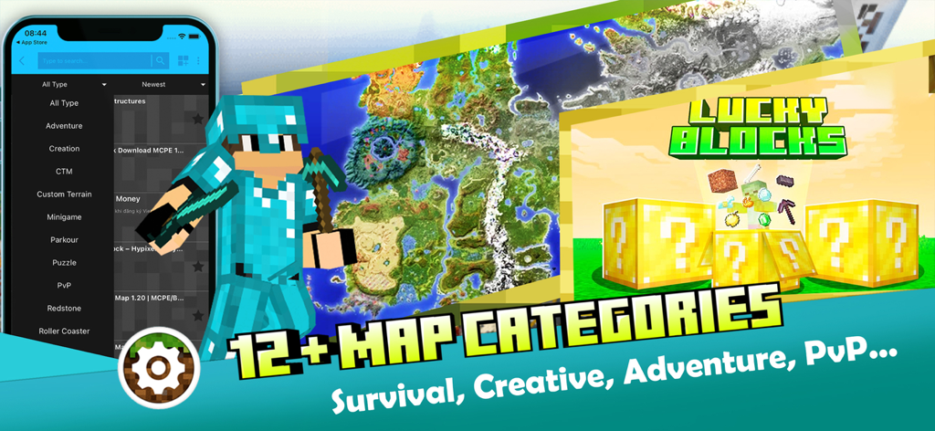 Master AddOns for Minecraft PE app showing map categories and Lucky Blocks mod