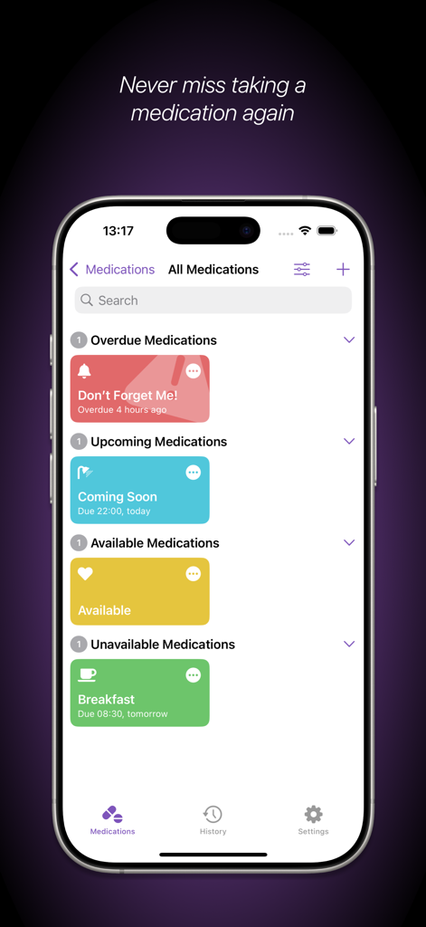 Capsule — Medication Tracker - The main dashboard of the Capsule app showing categorized medication lists including overdue, upcoming, and available medications.