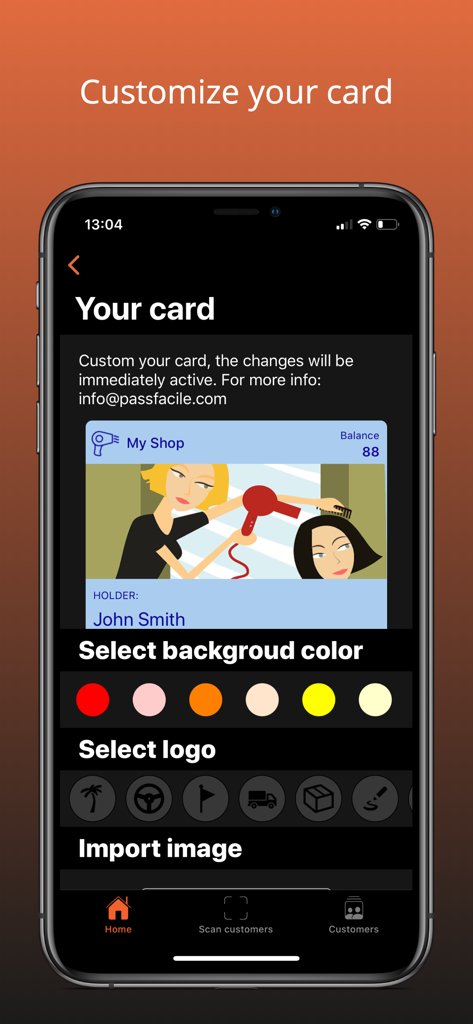 Oberfläche der PassFacile-App, die Anpassungsoptionen für eine digitale Treuekarte mit einem Salon-Thema anzeigt.