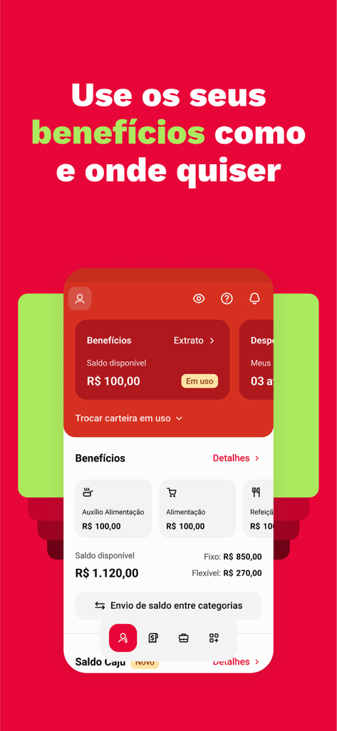 Interface de l'application mobile Caju montrant les soldes des avantages sociaux des employés et les options de gestion flexible.
