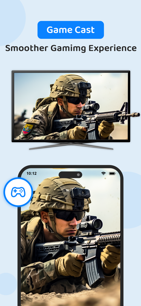 Screen Mirroring Cast to TV - Screen mirroring de iPhone de un juego de acción militar a un televisor inteligente grande