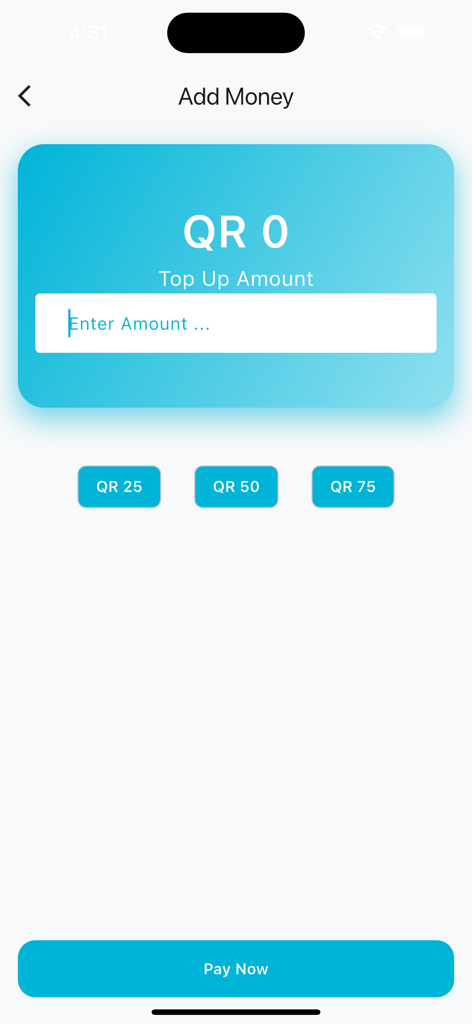 Interface of the OWLO app's Add Money screen showing wallet top-up options and a pay now button