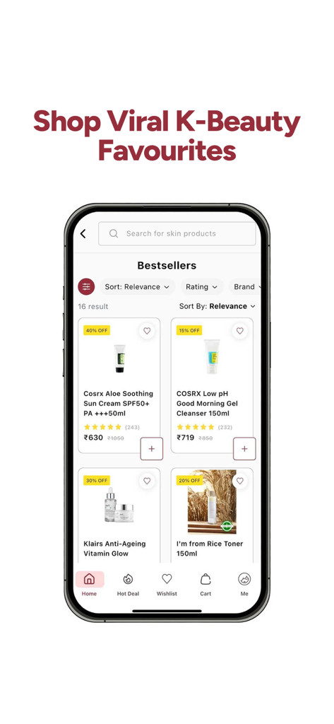 Beauty Barn: Korean Skincare - Mobile app interface for Beauty Barn showing viral Korean skincare products and bestsellers