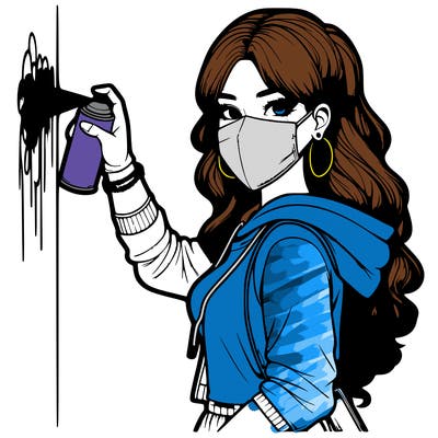 realistic girl with mask spray painting a wall