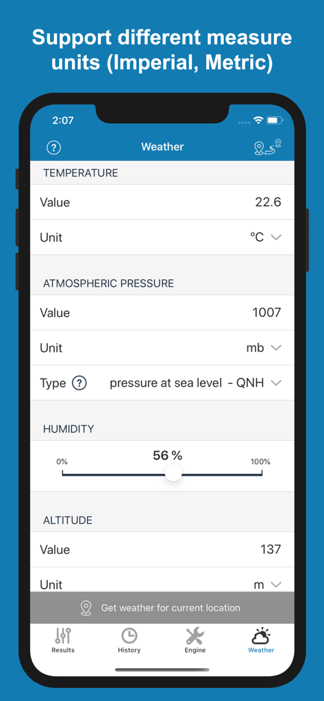 Jetting Sherco 2T Moto Bikes - Pantalla de configuración del clima en la aplicación Jetting Sherco 2T que muestra temperatura, presión atmosférica, humedad y altitud para el ajuste del carburador.