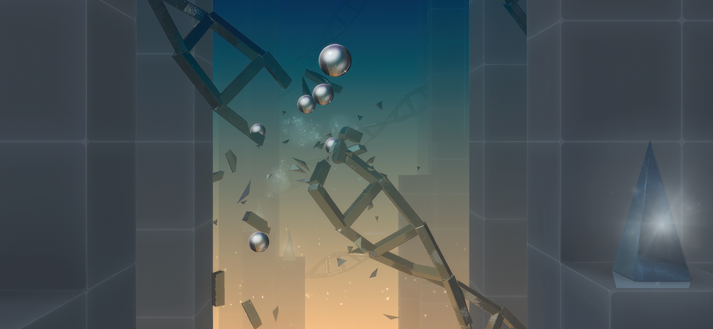 Bolas plateadas rompiendo estructuras de cristal en una dimensión minimalista surrealista.