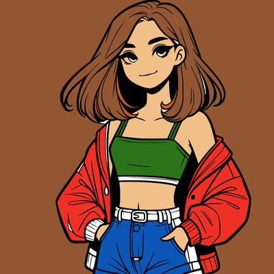 a realistic girl with a crop top and short shorts in an open jacket