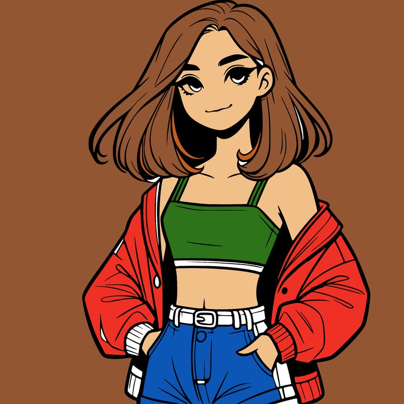 a realistic girl with a crop top and short shorts in an open jacket