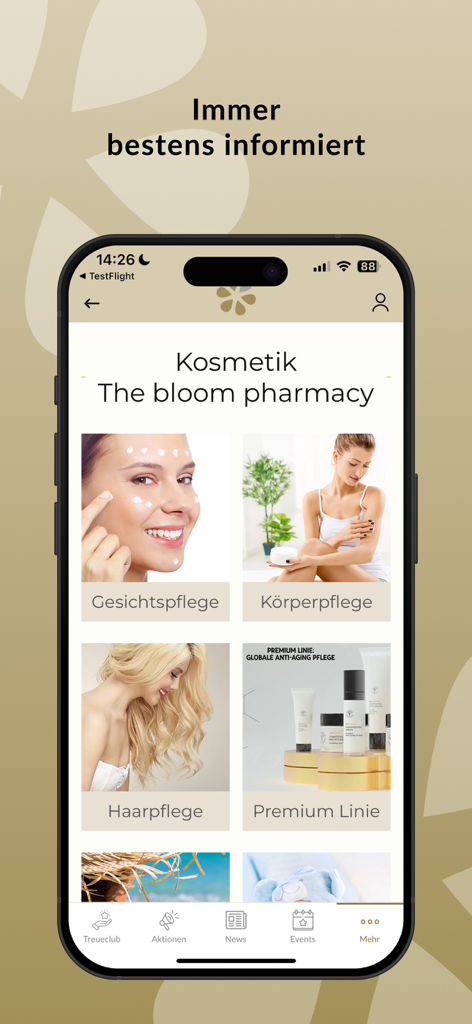 The Bloom Pharmacy - The Bloom Pharmacy mobile app showing a menu for cosmetics categories including facial care body care and hair care