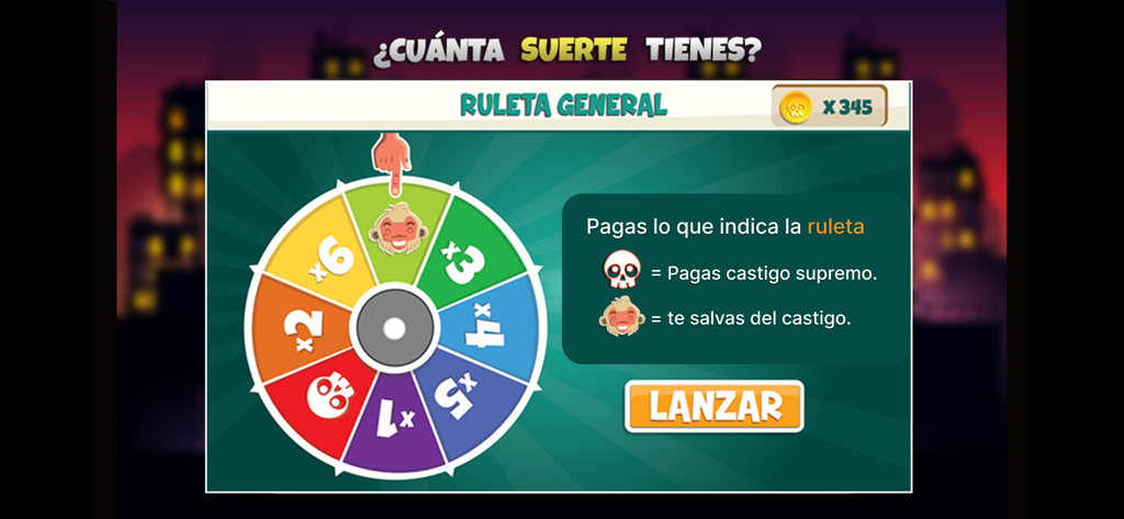 A colorful game roulette wheel in Cultura Chupistica 2 showing different punishment multipliers and a spin button.
