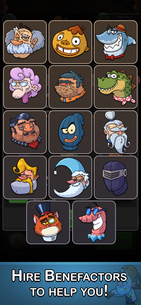 モバイルゲーム「Tap Tap Dig」で恩人として雇用できる、様々な個性的なキャラクターアイコンのグリッド