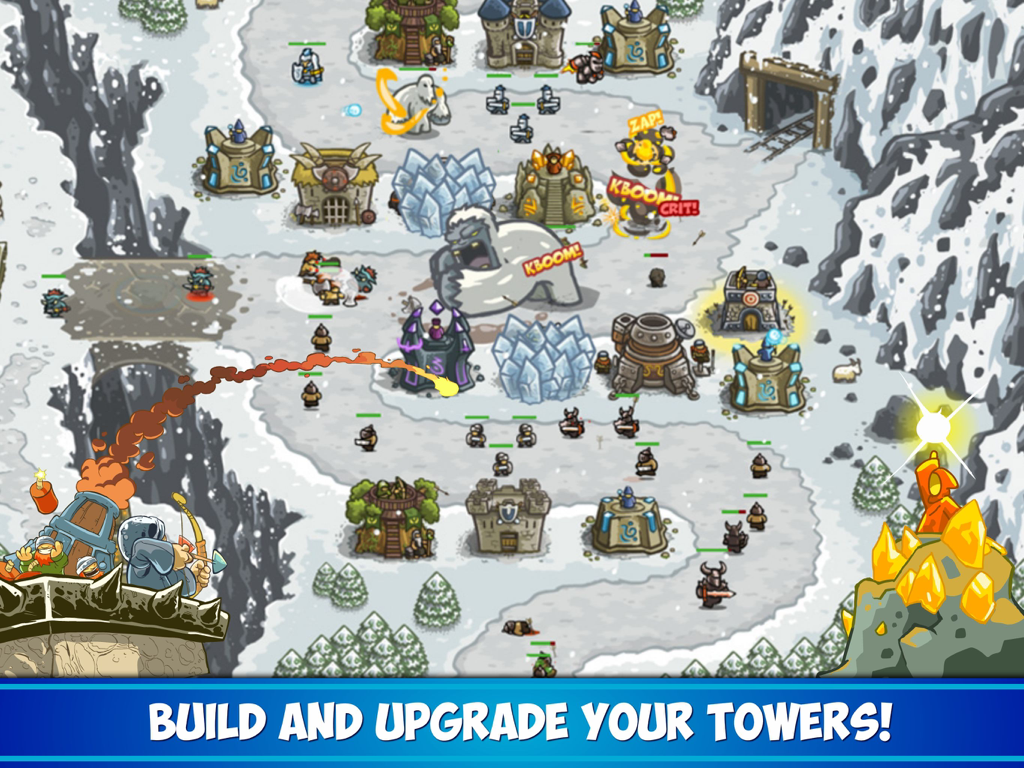 Action packed tower defense gameplay in Kingdom Rush HD featuring towers and monsters on a snowy battlefield with a build and upgrade prompt