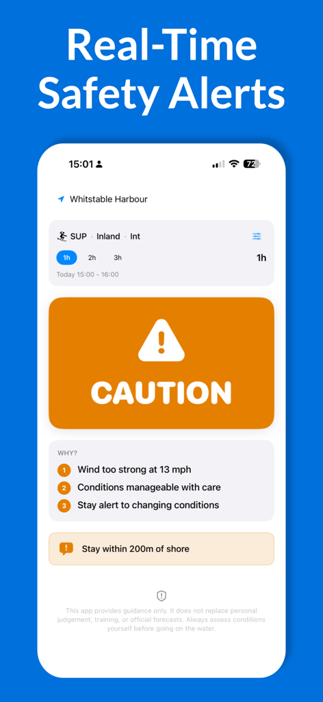 Paddle Check: Safe to Launch? - Paddle Check mobile app showing a caution safety alert for stand up paddle boarding