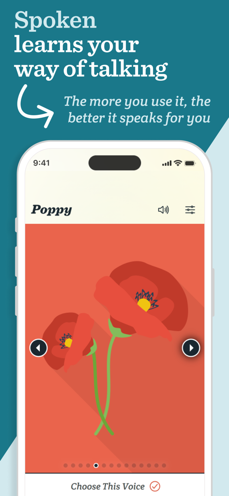 Schermata dell'app Spoken che mostra un'interfaccia di selezione della voce dal suono naturale con un'illustrazione di un fiore di papavero per la voce chiamata Poppy