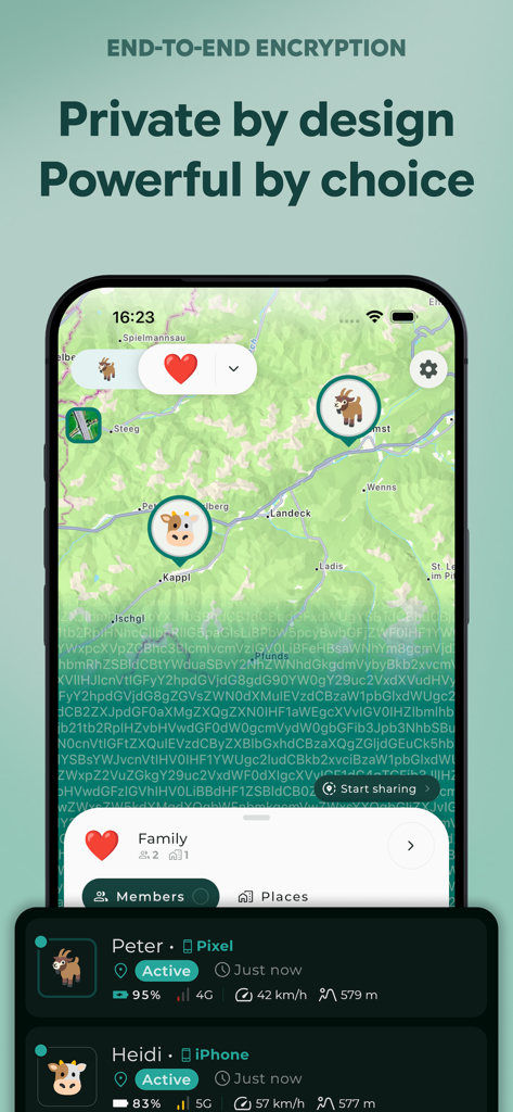 Paralino: Secure Phone Tracker - Paralino app screen showing encrypted family location tracking on a map with device status details like battery and speed.