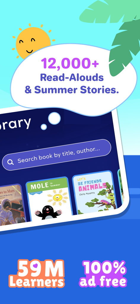 Splash Books: Kids Reading App - Splash Books app interface showing over 12000 read aloud stories and an ad free learning environment for kids