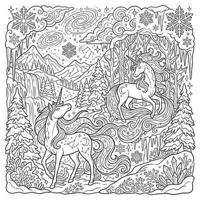 Embark on an enchanting journey with our Celestial Unicorns in a stunning winter wonderland. This detailed coloring page blends cosmic magic with the serene beauty of a snowy landscape, offering a truly magical escape.