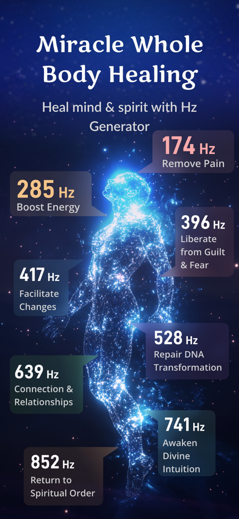 A glowing human silhouette showing various sound frequencies and their spiritual and physical healing benefits