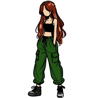 girl in baggy pants crop top and long hair