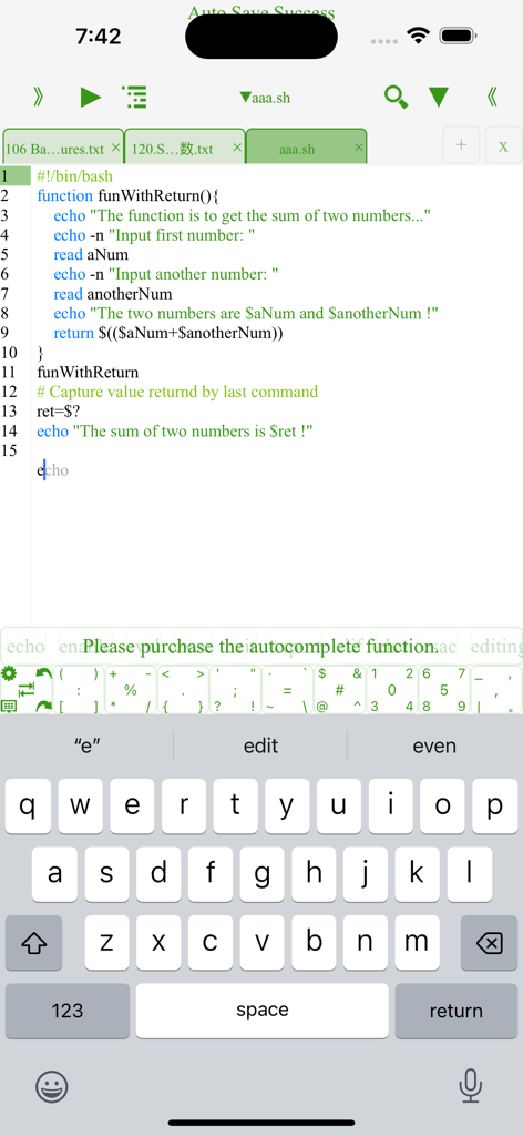 Bash IDE Fresh Edition - Bash IDE Fresh Edition mobile interface showing shell script editing and syntax highlighting