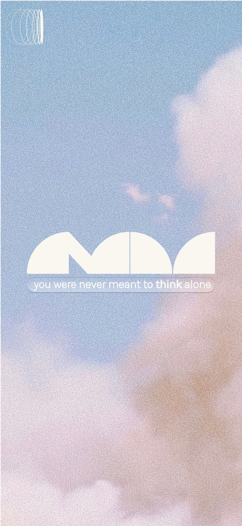 부드러운 구름 배경 위에 '당신은 혼자 생각하도록 만들어지지 않았습니다'라는 문구가 있는 추상적인 기하학적 모양의 알라 앱 환영 화면