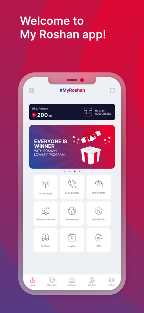 My Roshan - The home dashboard of the My Roshan app showing account balance and service options like data and voice bundles