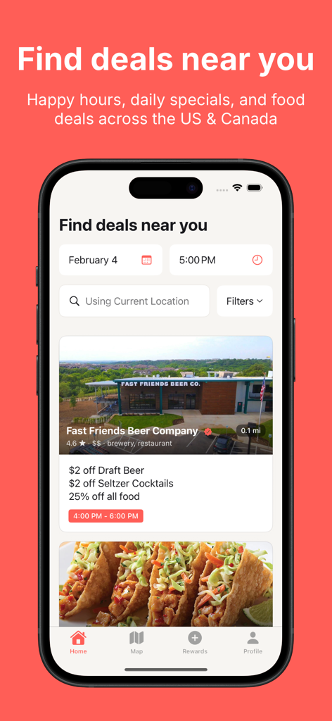 happyhopper: find happy hours - HappyHopper 앱 인터페이스에 주변 해피아워 할인 및 레스토랑 할인 정보가 표시됩니다.