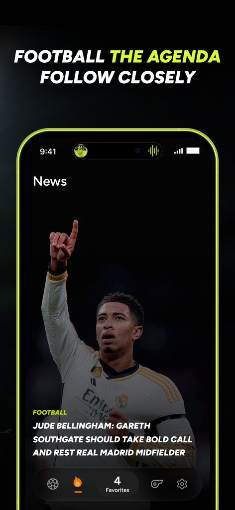 Soccer AI: Match Score Picks - A mobile screen showing the soccer news section featuring a headline about Jude Bellingham