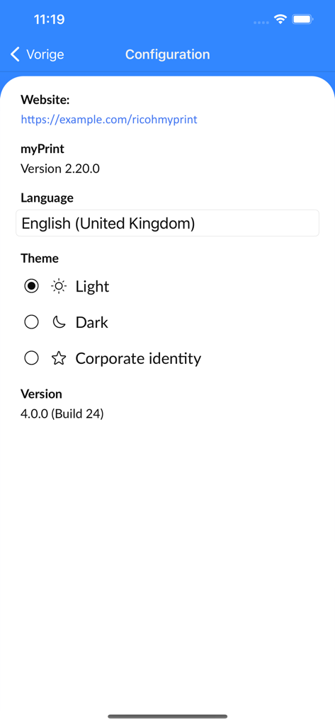 Ricoh myPrint app configuration screen showing language and theme settings.