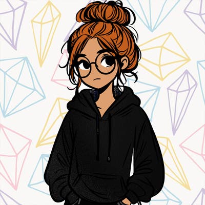 teen girl with a messy bun and glasses wearing a loose hoodie and jeans