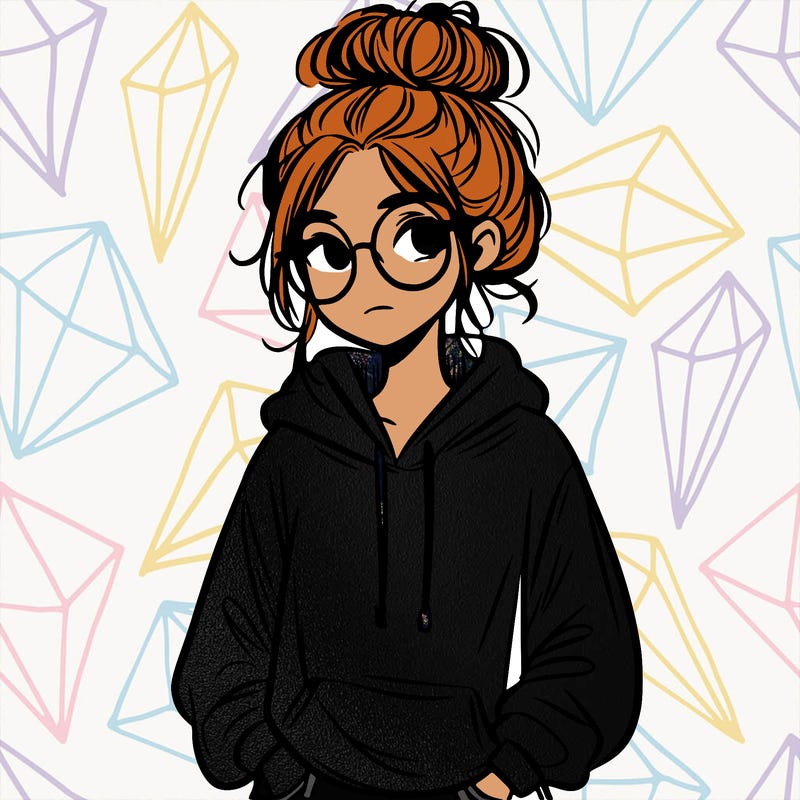 teen girl with a messy bun and glasses wearing a loose hoodie and jeans