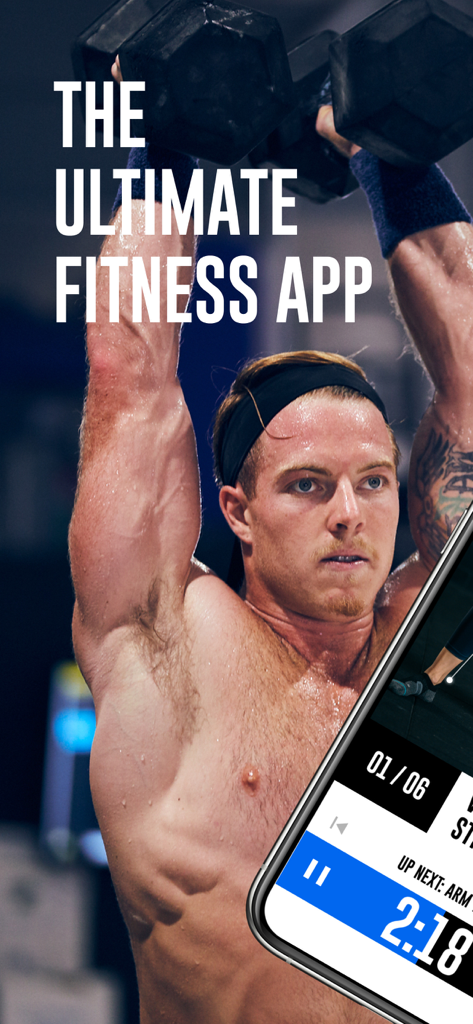 An athlete lifting dumbbells with the WODProof workout timer interface displayed on a phone screen