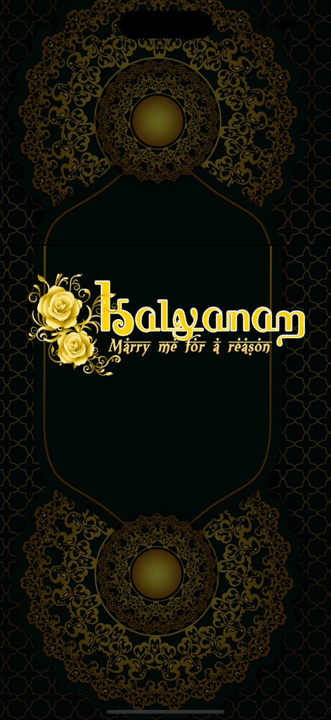 Kalyanam - Tamil Matrimony - Kalyanam Tamil Matrimony app splash screen featuring gold floral designs and the tagline Marry me for a reason