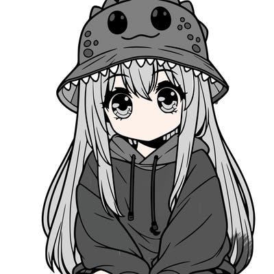 girl with anime shaped eyes with a dinosaur bucket hat oversized sweatshirt long straight hair