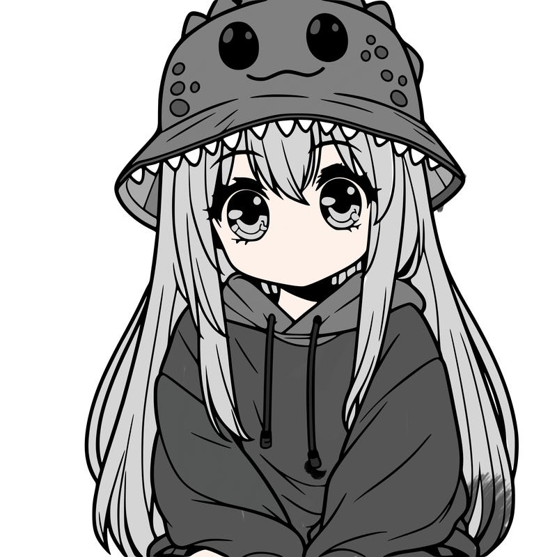 girl with anime shaped eyes with a dinosaur bucket hat oversized sweatshirt long straight hair