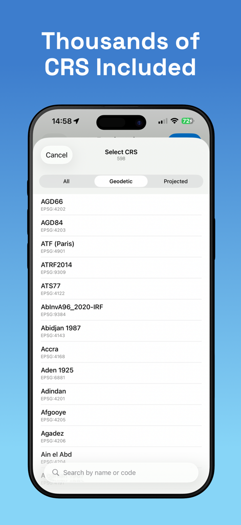 GPS Converter - CoordFix - Pantalla que muestra miles de sistemas de referencia de coordenadas en la aplicación CoordFix