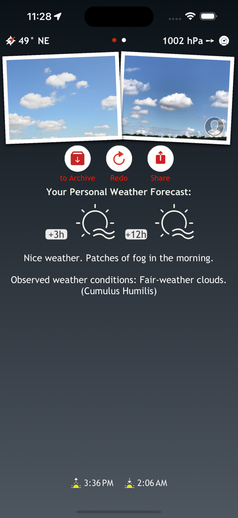 WeatherSelfie app interface showing cloud identification and personal short term weather forecast based on a sky photo