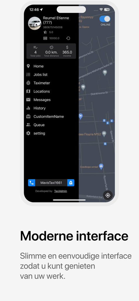 1661 Mavis Driver - A screenshot of the 1661 Mavis Driver mobile app interface showing a side menu with options like taximeter and jobs list next to a live map view.