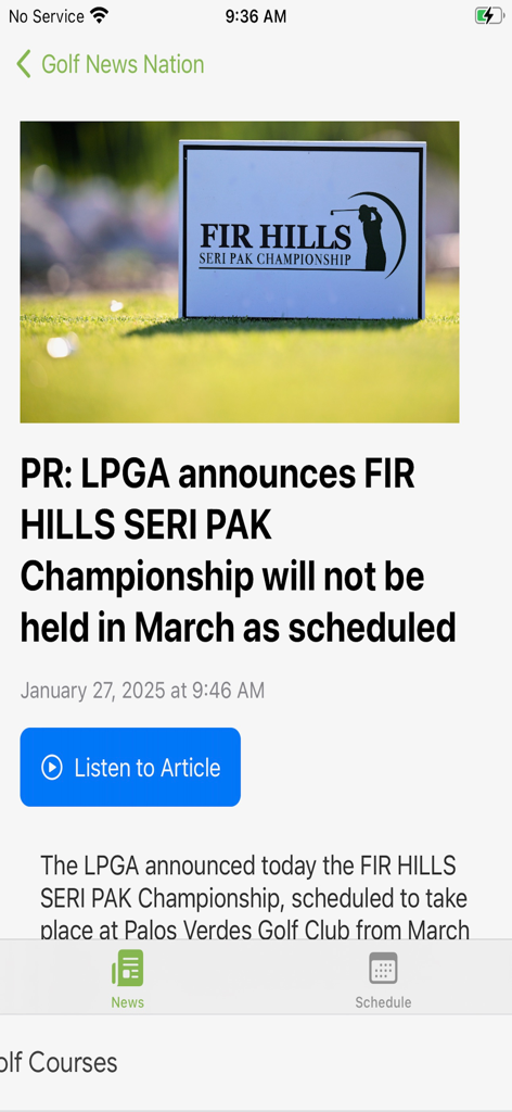 Golf News Nation - Tela do aplicativo Golf News Nation exibindo um artigo de notícias da LPGA sobre o Fir Hills Seri Pak Championship