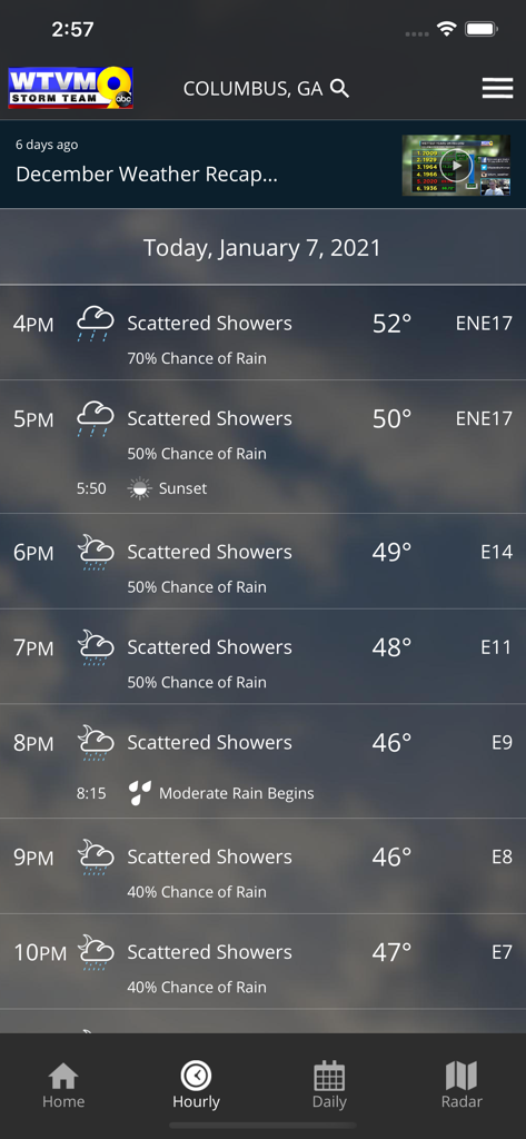 WTVM Storm Team Weather app screen showing an hourly forecast for Columbus Georgia with scattered showers and rain chances.