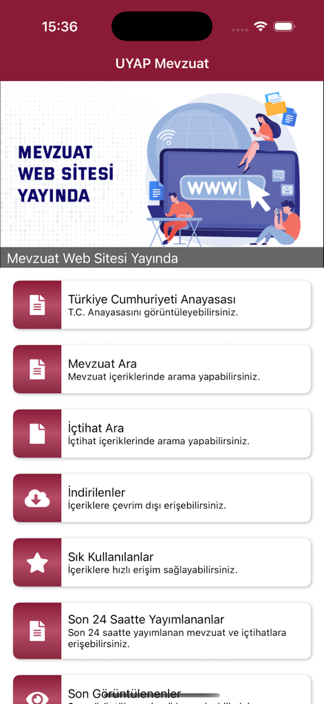 UYAP Mevzuat - トルコ法規と最高裁判例の検索オプションが表示されたUYAP Mevzuatアプリのメインメニュー