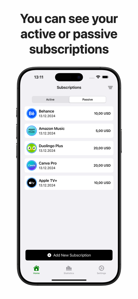 TrackMySub: Track Subscription - iPhone interface of TrackMySub showing a list of active subscriptions with monthly prices