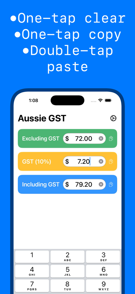 Australia GST - Tax Calculator - Aussie GST税金計算機アプリのインターフェース。GST非課税価格、GST金額、税込み合計価格の入力フィールドが表示されています。
