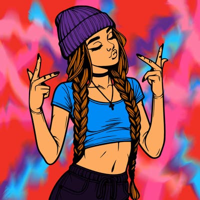 realistic teenage girl with braids and a beanie and crop top doing 🫶🏼