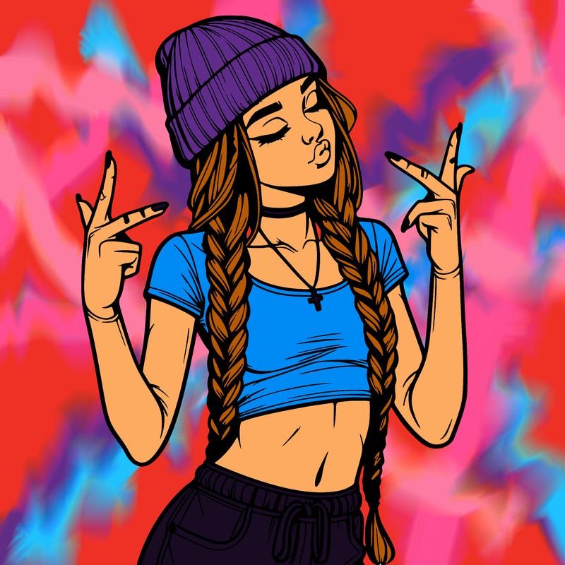 realistic teenage girl with braids and a beanie and crop top doing 🫶🏼